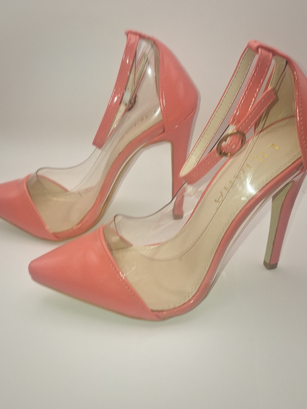 Liliana Olga-1A Patent Lucite Pointy Toe Stiletto Heel Pump in the color Coral.